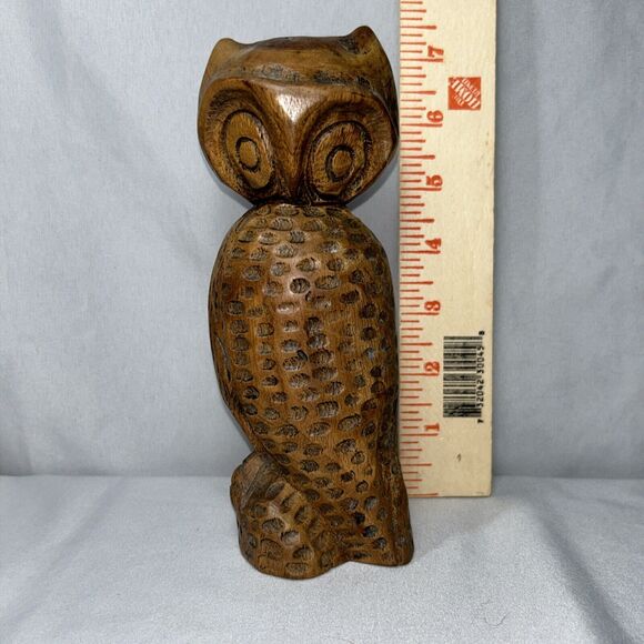 7" Vintage Wooden Horned Owl Hand Carved Wood Folk Art MCM - Picture 1 of 11